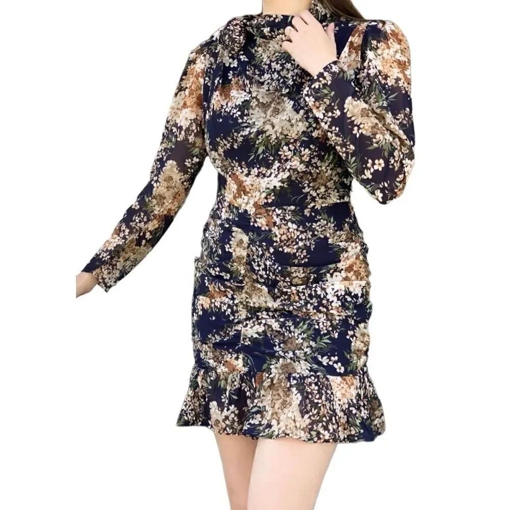 MinkPink Brigette Navy Floral Ruched Long Sleeve Mini Dress Size XS NEW